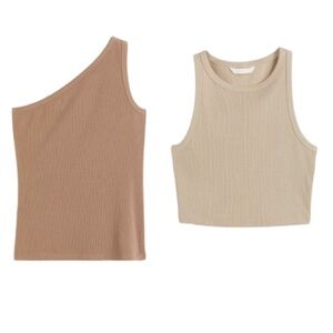 Set of 2 H&M Ribbed Crop / One shoulder Tank Top Beige Tan S NWT